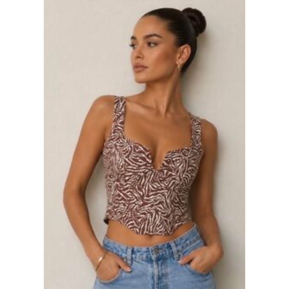 RESA Zebra Print Corset Top Brown White Sleeveless Crop Zip Back Size XS